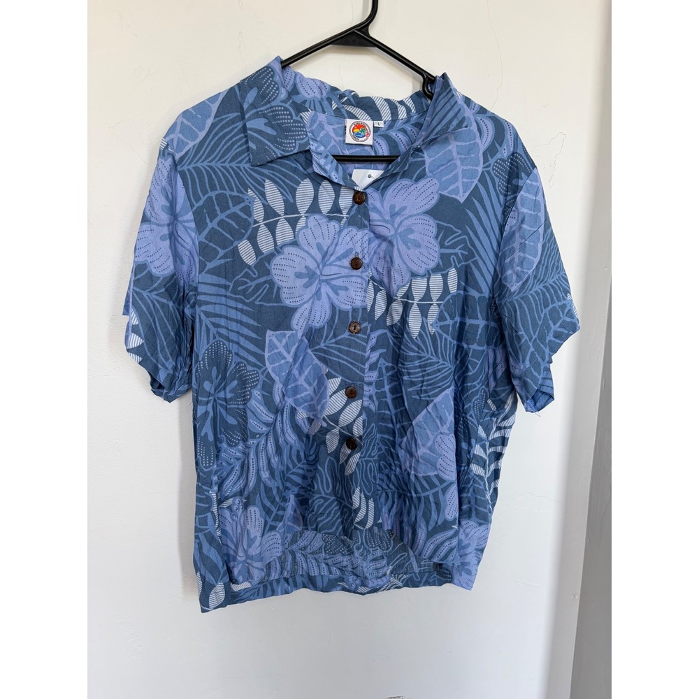 Vintage Hawaiian Aloha Shirt Mens Blue Purple Tropical Floral Rayon Button Down
